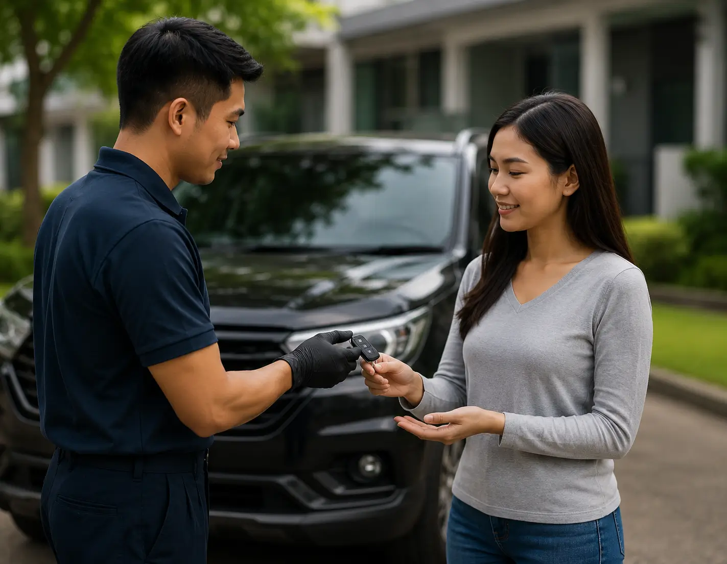 Teknisi ahli kunci membantu pemilik mobil yang terkunci