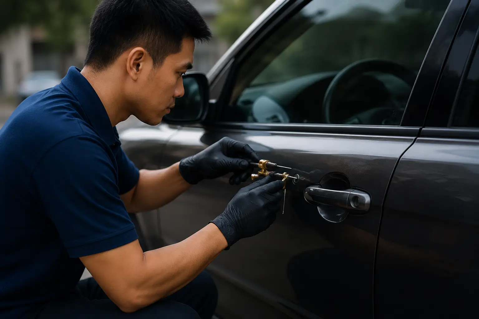 Teknisi membuka mobil yang kunci tertinggal di dalam