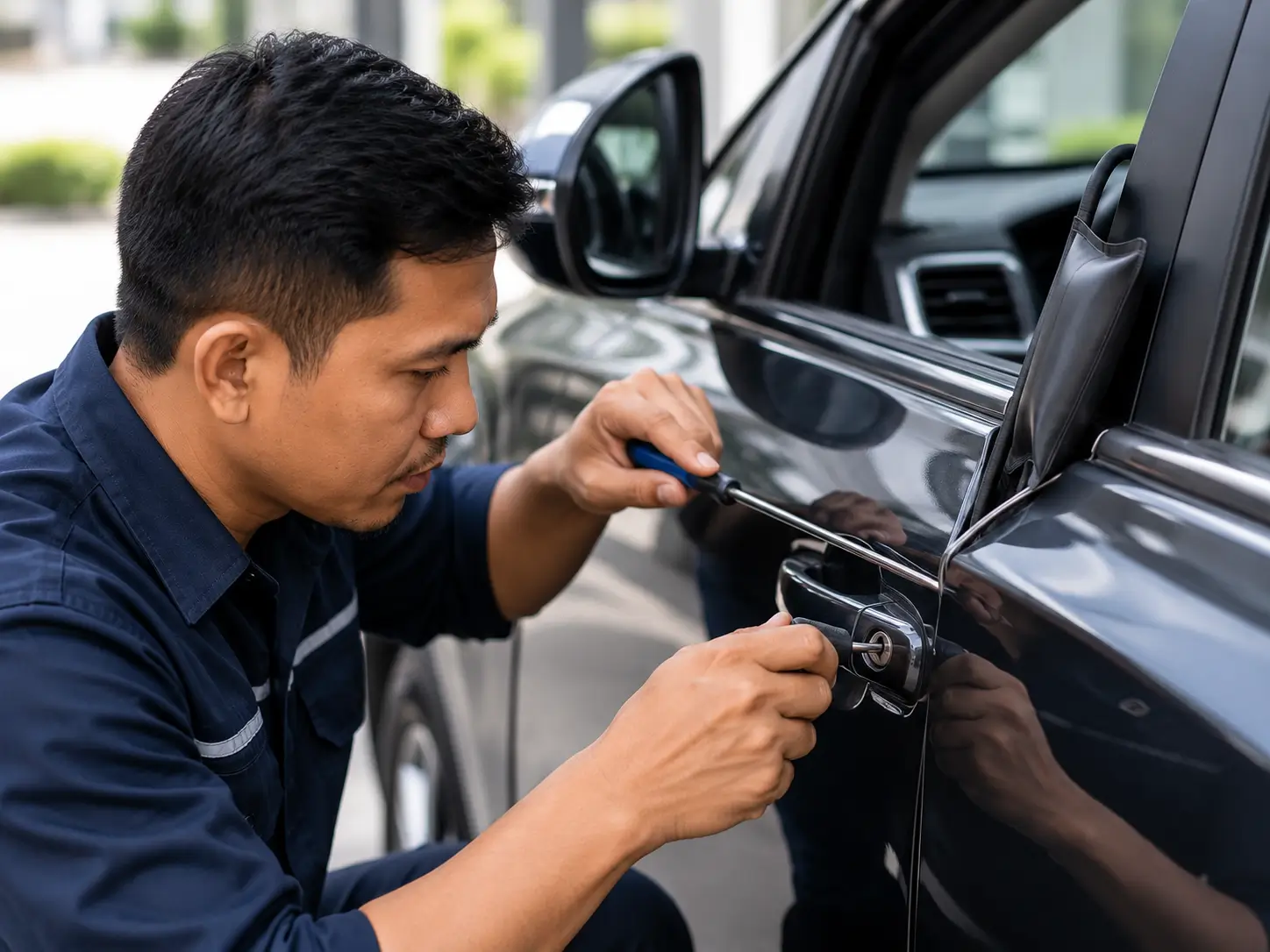 Teknisi menangani pintu mobil terkunci menggunakan peralatan locksmith